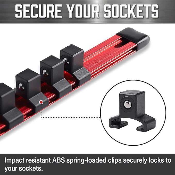 ALOANES 3/8-Inch Drive Aluminum Alloy Socket Organizer, Heavy Duty Socket Racks, Socket Holder Kit for Toolbox Drawer 3/8-Inch x 18 Clips (Red)