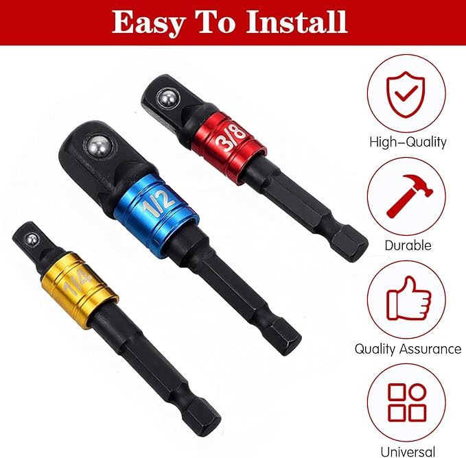 3 Pcs Impact Socket Adapter Set 1/4", 3/8", 1/2" Drive Socket Set Impact Grade Driver Bit Set Socket Adapters With Extension Driver Bit & Holder Compatible With Power Drill High Torque Impact Wrench