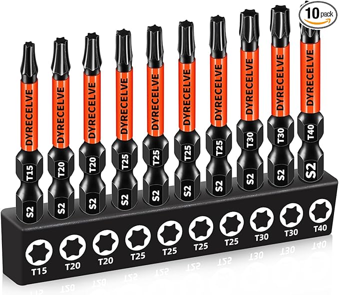 Impact Torx Bit Set T15 T20 T25 T30 T40, 10-Pack 2 Inch S2 Steel Magnetic Power Bits for Impact Driver, 1/4 Inch Hex Shank Heavy Duty Magnetic Grip (Anti-Slip)