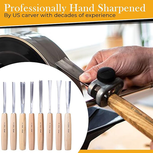 Hand-Sharpened Wood Carving Tools Set of 7 Chisels and Gouges with Canvas Case, Razor Sharp CR-V 60 Steel Woodworking Tools, High-Quality Wood Carving Chisel Set for Beginners from Schaaf Tools