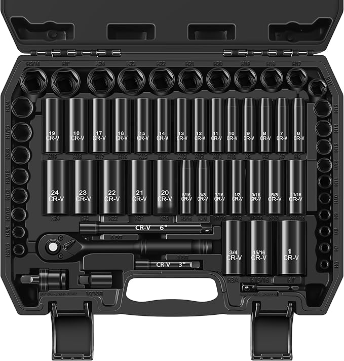 Aloanes 3/8" Drive Impact Socket Set, 64-Piece Deep & Shallow SAE (5/16"-1") & Metric (6mm-24mm) Sockets, 72-Tooth Ratchet Wrench, Universal Joint&Power Drill Adapter&Extension Bars