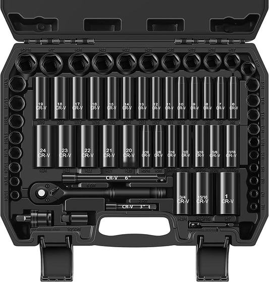Aloanes 3/8" Drive Impact Socket Set, 64-Piece Deep & Shallow SAE (5/16"-1") & Metric (6mm-24mm) Sockets, 72-Tooth Ratchet Wrench, Universal Joint&Power Drill Adapter&Extension Bars