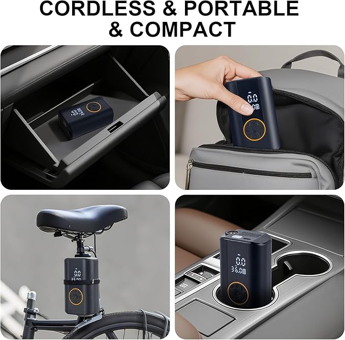 Tire Inflator Portable Air Compressor, 150 PSI Cordless Air Pump for Car Tires with Digital Pressure Gauge, LED Light and Auto Shut Off Function, Bike Pump for Car, Motorcycle, Bicycle, Ball, Black