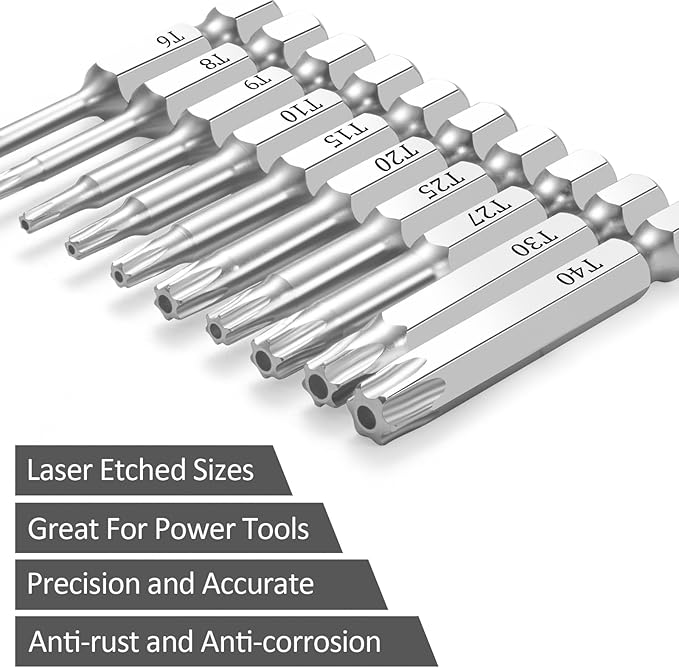 10 Piece Security Torx Bit Set (T6-T40), 1/4 Inch Hex Shank S2 Steel Magnetic Tamper Proof star screwdriver bit set 2" Long