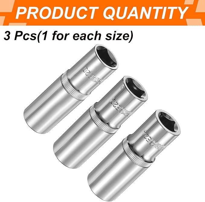 HARFINGTON 3pcs E-Torx Socket 1/2" Drive E20-E24 Star Female Socket 3.1" Length External Torx Deep Sleeve Chrome Plating 6 Point Spline Sleeve for Auto Repairs Home Maintenance