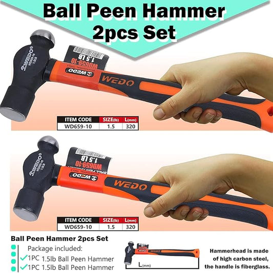 WEDO 2pcs Ball Pein Hammer Set,1.5lb+1.5lb,Fiberglass Handle,Ball Peen Hammer,Length 320mm,High Carbon Steel,Shock Resistant,Non-Slip Handle,Die-forged