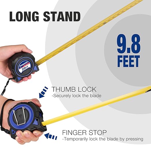 WORKPRO Heavy Duty Tape Measure, 2 Pcs 25FT Retractable Tape Measurement, Double Retract Long Stand Measuring Tape Accuracy 1/32 for Engineer, with Magnetic Hook, Belt Clip, Rubber Protective Casing