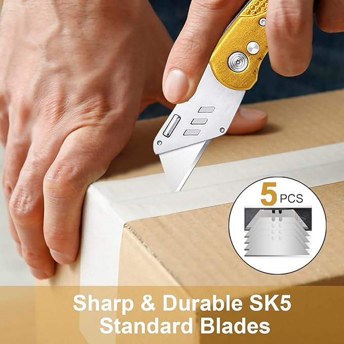 Box Cutter Heavy Duty Utility Knife, Razor Knife, Lightweight Aluminum Handle, Back-lock Mechanism, Stainless Belt Clip, with 5-piece Extra Blades, for Carpet, Carton, Box, Cardboard Yellow