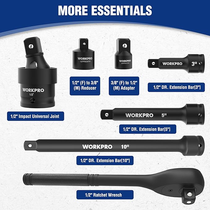 WORKPRO 1/2??Drive Impact Socket Set, 65PCS SAE(3/8??1-1/4?? and Metric(10-24mm) Deep & Shallow Kit, Ratchet Handle, Extension Bar, Impact Universal Joint and Adapters for Automotive Repair