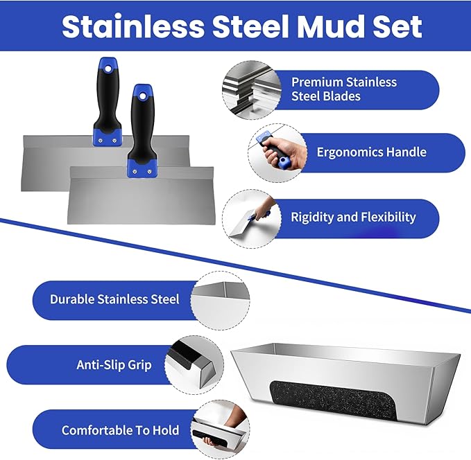 Drywall Hand Tools Kit, Putty Knife Set with Aluminum Hawk, Mud Pan, Flat Finishing Trowel, Multi-Fuctional Paniter Scraper