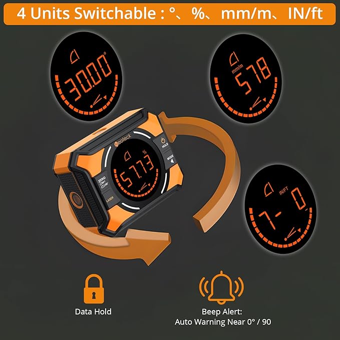 Neoteck Digital Angle Finder with Dual Laser (Class 2 Laser, 1mW Power Output) 4x90/2x180째Angle Gauge with LED Display and Data Hold USB Charging Level Box with Bottom and Back Strong Magnetic