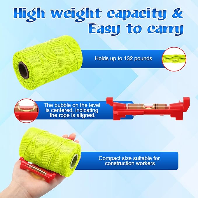 2 Pack #18 500 ft Mason Line String & 10 Pack Built-in Levels, String Level Line Kit for DIY, Gardening Work, Construction Twine Outdoor Projects Layout Brick Working(Fluorescent Yellow)