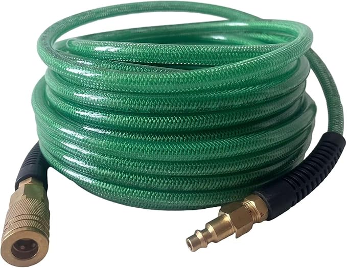 Air Hose 1/4 in x 100 ft, Polyurethane(PU), Reinforced Air Compressor Hose, Lightweight, Kink Resistant with 1/4??Industrial High Flow Quick Coupler and Plug, Bend Restrictors,300 PSI (100FT, Green)