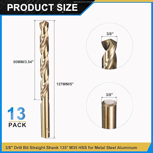 PATIKIL 3/8" Drill Bit, Jobber Straight Shank M35 Cobalt 5% High-Speed Steel 135째 Gold Finish for Stainless Steel Hard Metal - 13 Pack