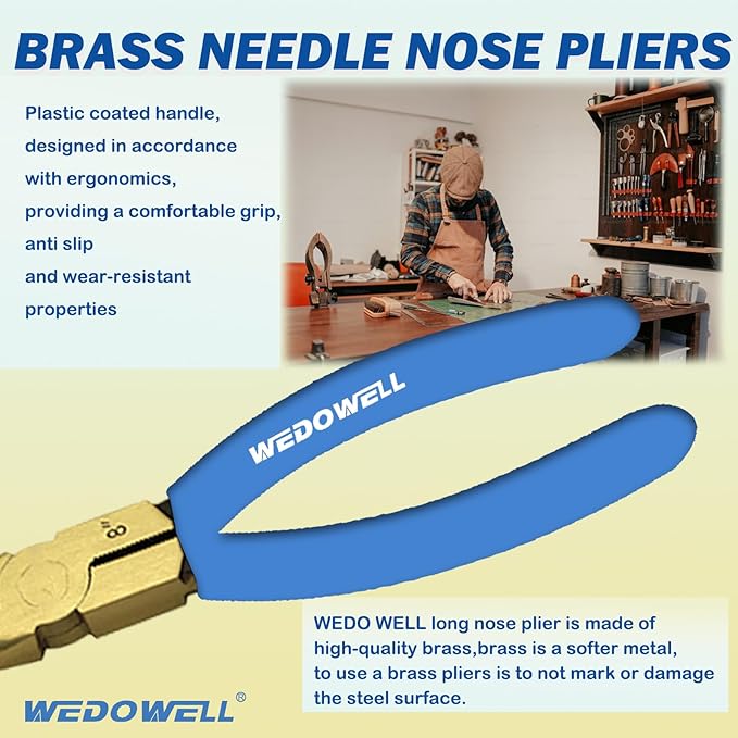 WEDOWELL 8" Needle Nose Pliers,Paper Clamp Precision,Soft Grip with Wire Cutter,Brass Long Nose Cutting Pliers for Home, Fishing, Jewelry, Crafts,Length 200mm