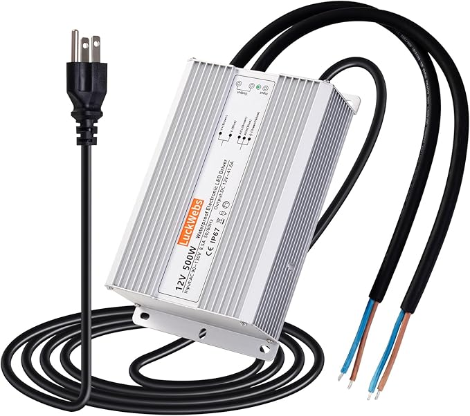 LED Driver 12V500W Waterproof Power Supply AC 90-130V to DC 12V41.6A Low-Voltage IP67 Switching Power Supply LED Strip Outdoor Light Box Waterproof Transformer