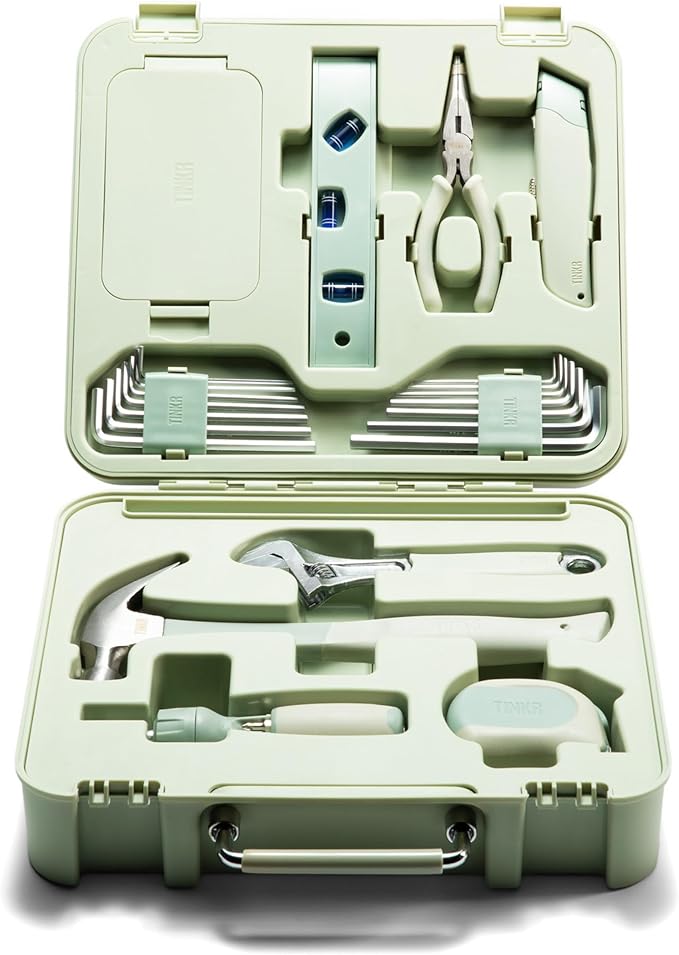 TINKR Modern Tool Box Workstation ??Full Tool Set with Hammer, Ratchet Screwdriver, Allen Keys, Wrench, Knife, Tape Measure, Level, Pliers & Phone Holder