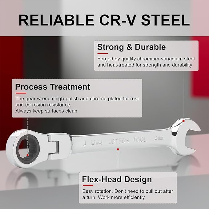 Jetech 14mm Ratchet Wrench Flex Head: Box End Wrench 12Pt| Metric Ratcheting Combination Chrome Vanadium,Forged, Extra Durability