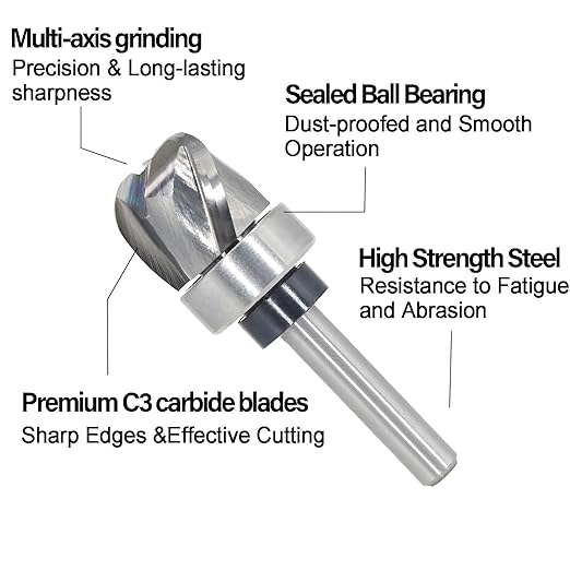 Pattern Flush Trim Router Bit 1/4 Shank, 3-Flute, 1/4" Radius, 3/4" Dia, 5/8" Height, Carbide Head Bowl & Tray Router Bits, Round Nose Cove Juice Groove Router Bit, for Making Wood Bowls/Trimming