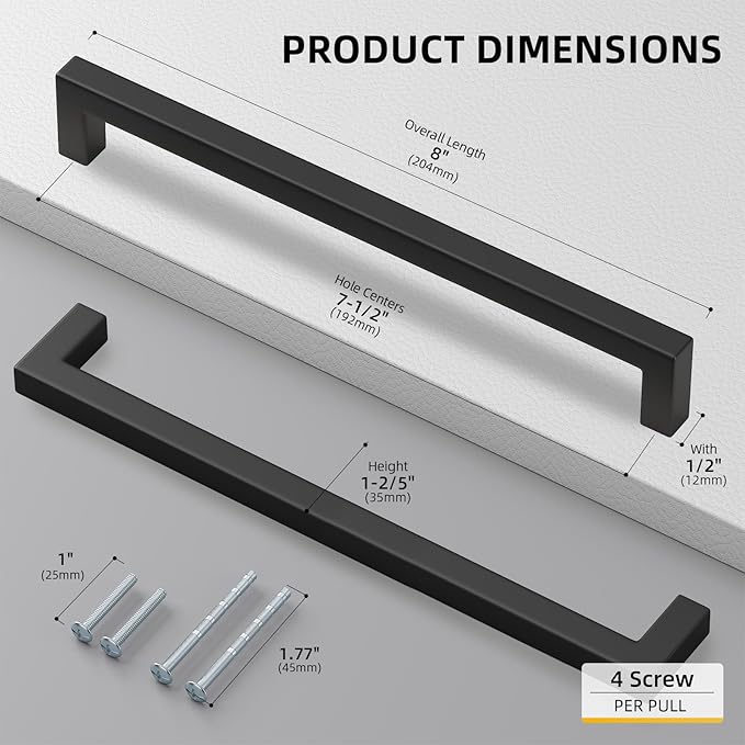 Goldenwarm 50 Pack 7-1/2 Inch Black Cabinet Handles Matte Black Drawer Pulls Stainless Steel Cabinets Hardware Square Bar Modern for Kitchen Bathroom Cupboard