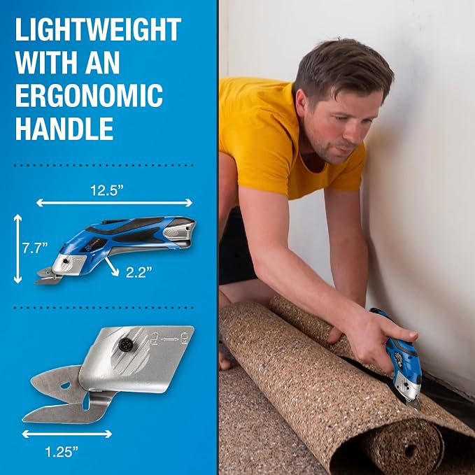 Cordless Electric Scissors for Cutting Fabric - Multifunctional Craft & Cardboard Scissors With Stainless Steel Blades & Replacement- 3.6V Lithium Ion Battery - Includes Charging Cable - Blue/Black