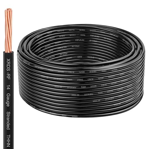 XRDS -RF THHN Wire 75FT, 14AWG Stranded Copper THHN Electrical Wire, Black Nylon-Coated Thermoplastic Insulated Cable for Indoor Conduit Wiring, 600V Rated