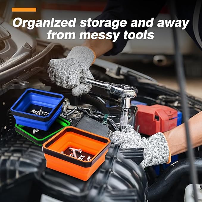 Collapsible Magnetic Parts Tray Set, 3 Pack Foldable Silicone Magnetic Tool Trays for Bolts Screws Nuts & Small Metal Parts, 4.5??Upgraded Square Silicone Bowls with Dual-Sided Magnetic Base