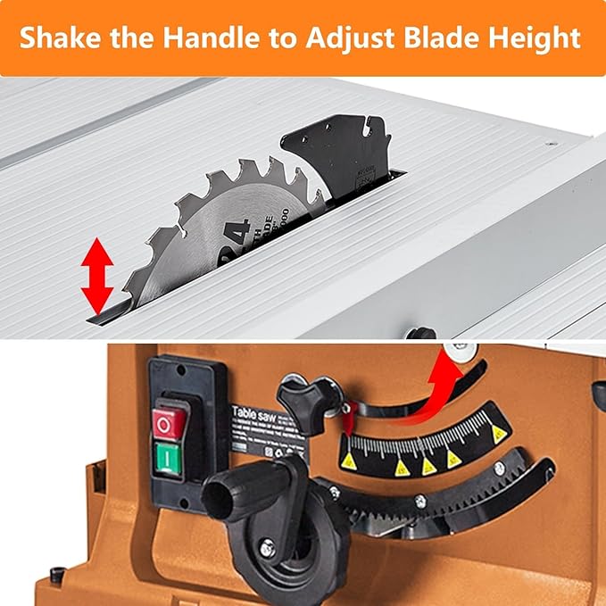 Table Saw, MERXENG 10 Inch 15A Multifunctional Saw With Stand & Push Stick, 90° Cross Cut & 0-45° Bevel Cut, 5000RPM, Adjustable Blade Height for Woodworking, Orange