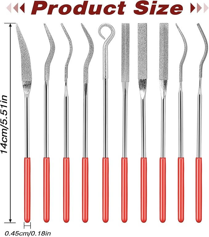 KALIONE 10Pcs Small File Set Diamond Needle File Set, Curved Files Tool, Mini Metal File Diamond File, Miniature and Model Files, File Jewelry Stone Carving Tools(140mm/5.5inch)