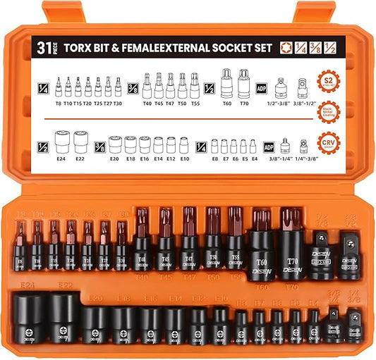 31-Piece Torx Bit Socket and Female External Socket Set, Premium CR-V & S2 Alloy Steel, Star T8-T70 & E-Torx E4-E24,Impact Socket Adapter Set,High Torque Laser Marked for Automotive Mechanic