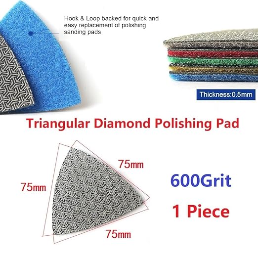 Electroplated Diamond Sanding Pad,600Grit 75mm Triangular Grinding Pad Hook and Loop Backing for Glass Porcelain Ceramic Hand Polishing & Trimming (1pc)
