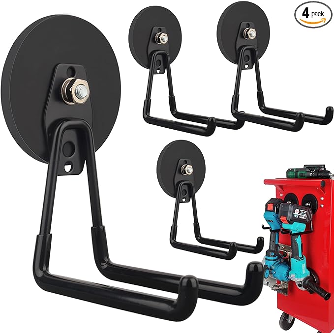 ULIBERMAGNET Strong Magnetic Hooks,Large Magnet with Hooks for Heavy Duty Tools,Jig Saw,Hose, 4 Pack Heavy Duty Magnetic Hooks for Hammer Drill,Circular Saw,Garden Tool(3.46inch/Black)