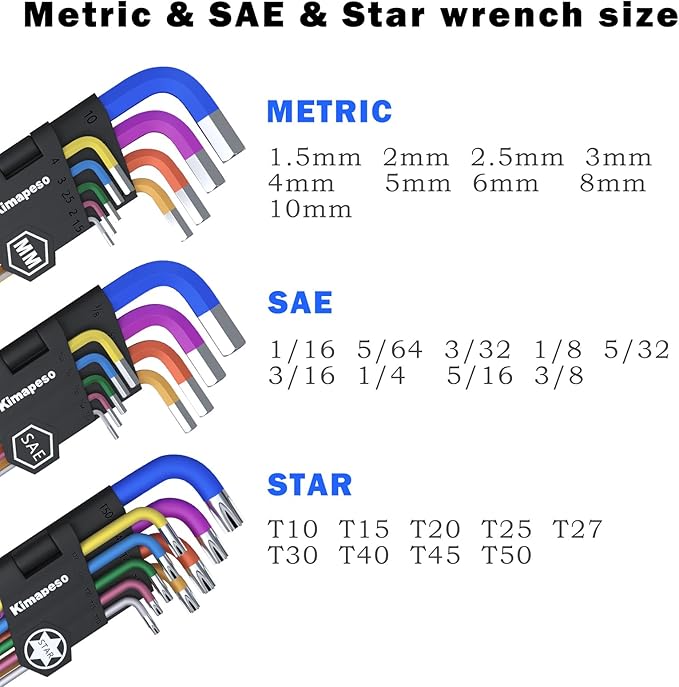 27 PCS Allen Key Set Torx SAE Metric Allen Wrenches Set Long Arm Ball End Hex Key Wrench Sets with T-Handle L-Hex Key Set Metric 1.5 to 10mm SAE 1/16 to 3/8??Torx T10 to T50