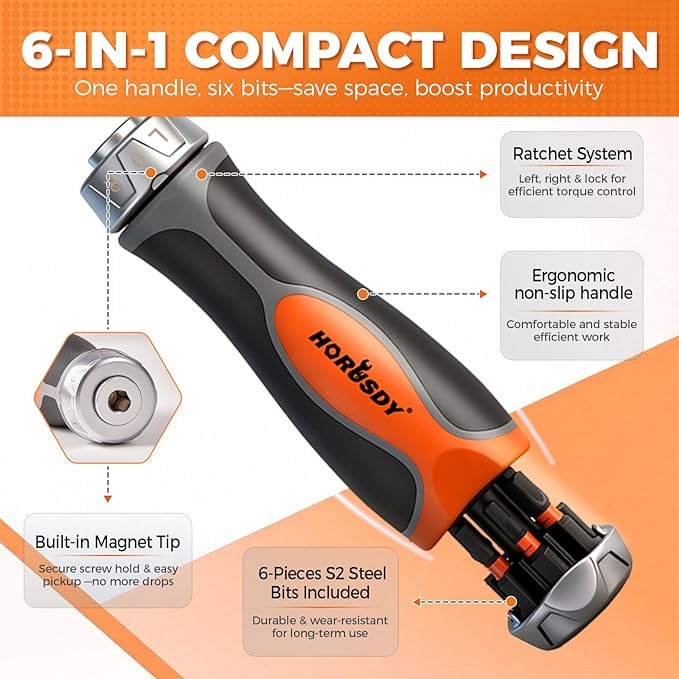 HORUSDY 6-in-1 Ratcheting Screwdriver Set, Magnetic Multi-Bit Screwdriver with Built-in Premium S2 Bits & 126mm Extension Bar, Dad Mens Gifts for Christmas, All-in-One Tool for Home Repair, DIY