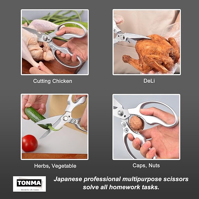 TONMA Kitchen Shears Heavy Duty [Made in Japan] Multipurpose Stainless Steel Poultry Shears, Japanese Kitchen Scissors Sharp Non-Slip Cooking Scissors for Chicken, Fish, Food, Herbs