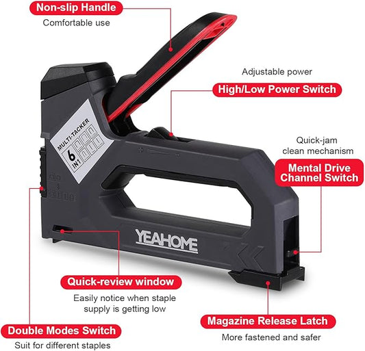 YEAHOME 6-in-1 Staple Gun Heavy Duty, Upholstery Manual Brad Nailer Power Adjustment Stapler Gun with 5000 Staples for Fixing Material, Wood, Crafts, Carpentry, Decoration DIY