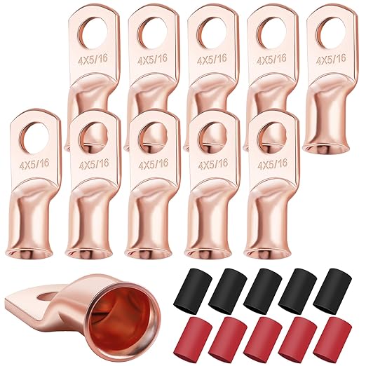 XHF 10PCS 4 AWG-5/16 Heavy Duty Battery Lugs with 3:1 Heat Shrink Tubing, Ring Terminals Battery Cable Ends Copper Eyelets Electrical Battery Connectors