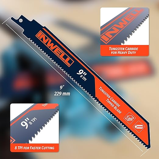 2PCS Tungsten Carbide Reciprocating Saw Blade, 8TPI Heavy-Duty Saw Blades for Thick Metal, Cast Iron, and Stainless Steel, Long-Lasting Blades for Demolition and Industrial Cutting (9 Inch)