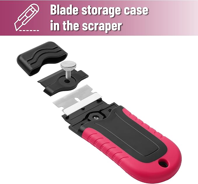 Bates- Razor Blade Scraper, Pink, Locking Razor Scraper Set with 10 Extra Stainless Steel Blades, Window Scraper, Scraper Tool, Glass Scraper, Scraper Blades, Paint Scraper Blade Scraper for Cleaning