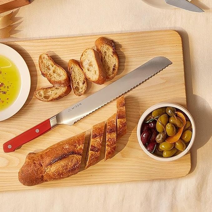 Misen Serrated Bread Knife - High-Carbon Japanese AUS8 Steel - Perfect for Soft Foods, Bread, Pastries, and Fruits - Verstatile Slicer, Razor-Sharp Edge, Durable Blade, Ergonomic Handle - 8", Red