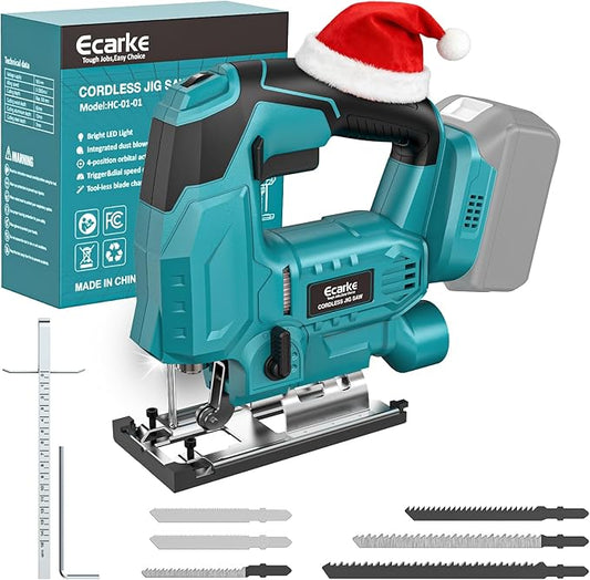 Ecarke Cordless Jig Saw Compatible With Makita 18V Battery (Only Tool), 4 Orbital Sets, 6 Variable Speeds Control, Dust-Blowing, ±45° Bevel Cuts, LED Light and 6PCS Blades For Cutting