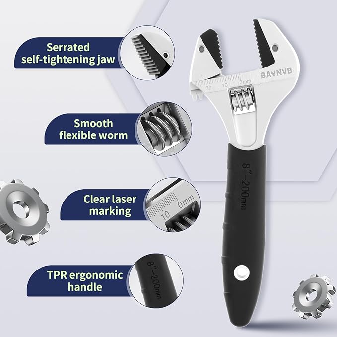 BAUNVB Adjustable Wrench 8 inch with Serrated Self-tightening Jaw, 25mm Wide Jaw Opening Wrench for Plumbing, Automotive, DIY