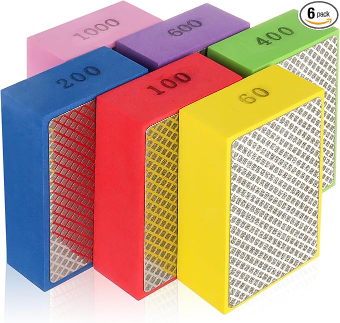 6 Pack Diamond Hand Polishing Pads, Diamond Sanding Pads with Foam Backing 60/100/200/400/600/1000 Grit, Sanding Block for Glass Wood Ceramic Marble Metal Tile Tools.