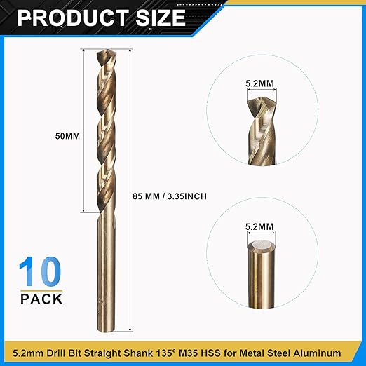 PATIKIL 5.2mm Drill Bit, Jobber Straight Shank M35 Cobalt 5% High-Speed Steel 135째 Gold Finish for Stainless Steel Hard Metal - 10 Pack