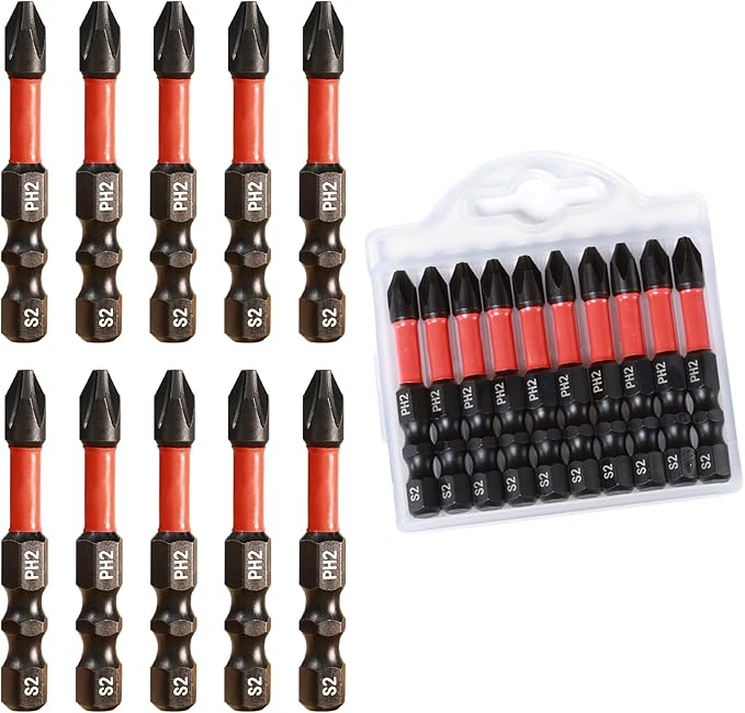 Impact #2 Phillips Screwdriver Bit Set, 10 Pieces 2??S2 Steel Magnetic PH2 Tips Driver Power Bit Set with Organizer Case