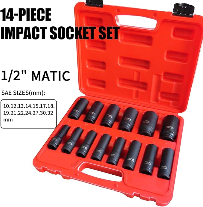 1/2 Inch Deep Drive Impact Socket Set,6-Point,Metric (10mm-32mm),14 Pcs,Cr-Mo Steel,With a Storage Case