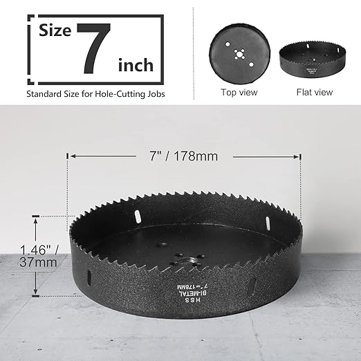 7 Inch Hole Saw with 1/2" Hex Shank Quick Change Arbor, JTemgle Bi-Metal Hole Saw Heavy Duty Hole Cutting Tool for Cornhole Boards, Recessed Lights, Wood, Plastic, Drywall & Soft Metal