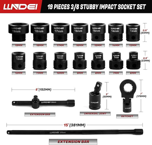 LLNDEI 3/8" Nano Sockets, Drive Stubby Impact Socket Set, 19-Piece Long Flex Head Ratcheting Wrench Set Extension Bar(6"-15"), 6-19mm Metric Stubby Socket Set, Cr-Mo material