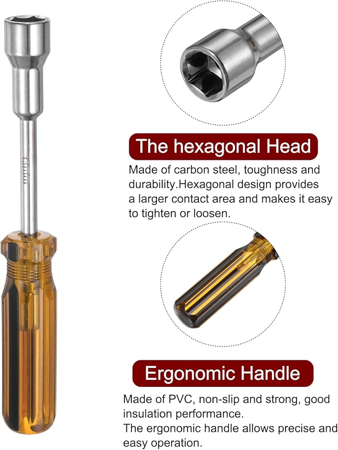 HARFINGTON Metric Hex Nut Screwdriver 13mm Carbon Steel Ergonomic PVC Grip Non-Magnetic Socket Wrench Screwdriver Hand Tool for Automotive Maintenance Home Improvement.
