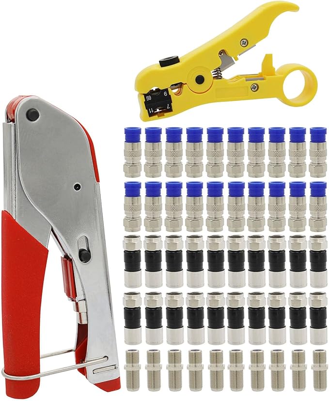 Coax Cable Crimper and F Style RG59 RG6 Connectors 40Pcs F Male And 10Pcs Female to Female with Coaxial Compression Tool Kit Wire Stripper